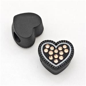 Black Resin Heart Micro Pave Rhinestone Large Hole, approx 13mm, 3mm hole