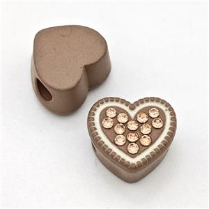 Coffee Resin Heart Micro Pave Rhinestone Large Hole, approx 13mm, 3mm hole