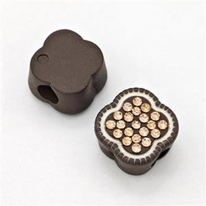 Chocolate Resin Clover Beads Micro Pave Rhinestone Large Hole, approx 14mm, 3mm hole