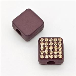 Resin Square Micro Pave Rhinestone Large Hole Maroon, approx 12mm, 3mm hole