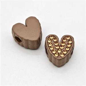 Coffee Resin Heart Beads Micro Pave Rhinestone Large Hole, approx 14mm, 3mm hole