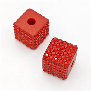 Red Resin Cube Beads Micro Pave Rhinestone Large Hole, approx 13mm, 3mm hole