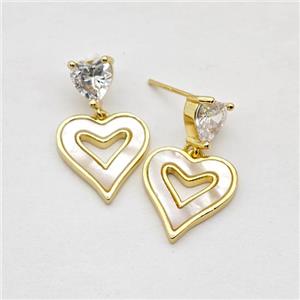 Copper Heart Stud Earrings Pave Shell Gold Plated, approx 8mm, 15mm