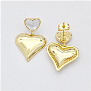 Copper Heart Stud Earrings Pave Shell Gold Plated, approx 9.5mm, 18.5mm