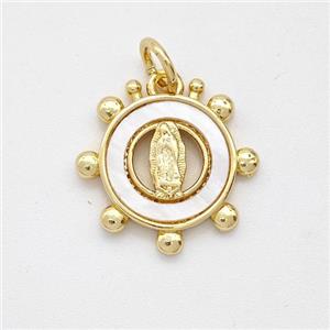 Virgin Mary Charms Copper Circle Pendant Pave Shell Gold Plated, approx 15mm