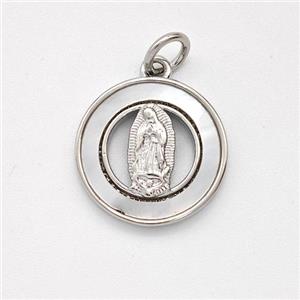 Virgin Mary Charms Copper Pendant Pave Shell Platinum Plated, approx 14mm