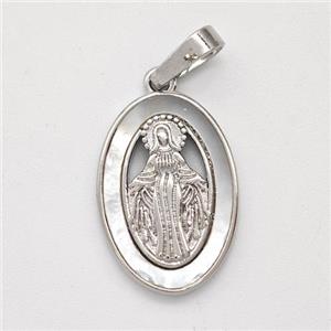 Virgin Mary Charms Copper Pendant Pave Shell Platinum Plated, approx 12-18mm