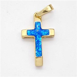 Copper Cross Pendant Pave Blue Fire Opal 18K Gold Plated, approx 12.5-18mm