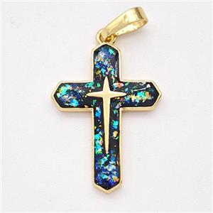 Copper Cross Pendant Pave Black Fire Opal 18K Gold Plated, approx 15-22mm