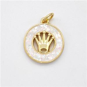 Copper Crown Pendant Pave White Fire Opal Circle 18K Gold Plated, approx 14mm