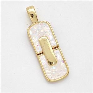 Copper Rectangle Pendant Pave White Fire Opal 18K Gold Plated, approx 7-19mm