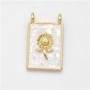 Copper Sunflower Pendant Pave White Fire Opal Rectangle 2loops 18K Gold Plated, approx 11-15mm