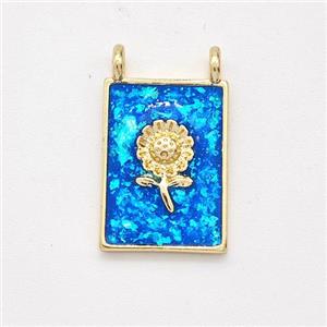 Copper Sunflower Pendant Pave Blue Fire Opal Rectangle 2loops 18K Gold Plated, approx 11-15mm