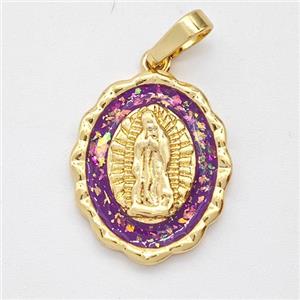 Virgin Mary Charms Copper Pendant Pave Purple Fire Opal 18K Gold Plated, approx 15.5-19mm