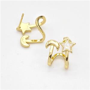 Copper Stud Earrings Pave Fire Opal Star Moon 18K Gold Plated, approx 6mm, 9-14mm