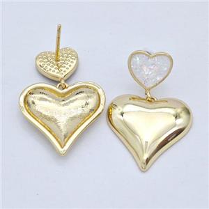 Copper Heart Stud Earrings Pave White Fire Opal 18K Gold Plated, approx 10mm, 18mm