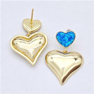 Copper Heart Stud Earrings Pave Blue Fire Opal 18K Gold Plated, approx 10mm, 18mm