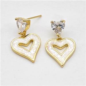 Copper Heart Stud Earrings Pave White Fire Opal 18K Gold Plated, approx 8mm, 15mm