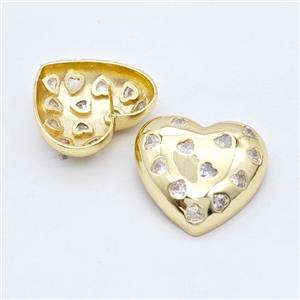 Copper Heart Stud Earrings Micro Pave Zirconia Gold Plated, approx 30mm