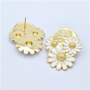 Copper Sunflower Stud Earrings White Enamel Gold Plated, approx 30-36mm