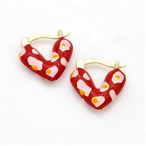 Copper Latchback Earrings Heart Red Enamel Gold Plated, approx 16mm