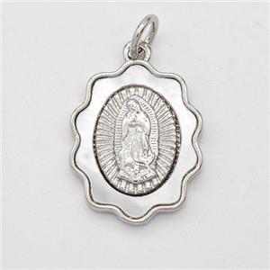 Virgin Mary Charms Copper Pendant Pave Shell Platinum Plated, approx 14-17mm