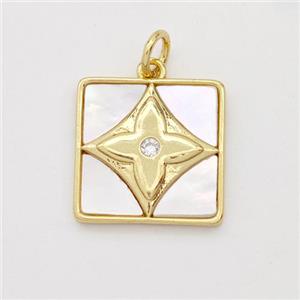 Copper Square Pendant Pave Shell Clover 18K Gold Plated, approx 15x15mm