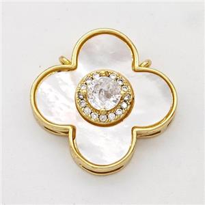 Copper Clover Pendant Pave Shell Zirconia 2loops 18K Gold Plated, approx 22mm