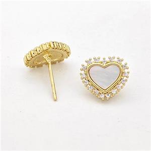 Copper Heart Stud Earrings Pave Shell Zirconia 18K Gold Plated, approx 12mm