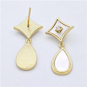 Copper Teardrop Stud Earrings Pave Shell 18K Gold Plated, approx 15mm, 10-16mm