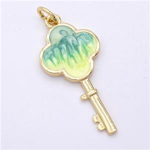 Copper Key Pendant Yellowgreen Painted 18K Gold Plated, approx 13-25mm