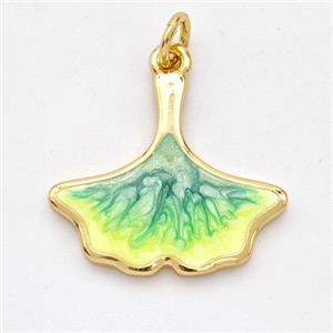 Copper Ginkgo-Leaf Pendant Yellowgreen Painted 18K Gold Plated, approx 18-20mm