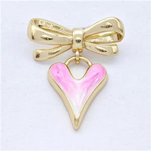 Copper Bowknot Heart Pendant Pink Painted 18K Gold Plated, approx 14-19mm, 9-23mm