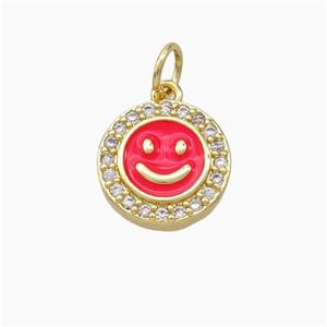 Copper Emoji Pendant Pave Zirconia Red Enamel Smile Face Gold Plated, approx 11.5mm