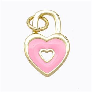 Copper Heart Lock Pendant Pink Enamel Gold Plated, approx 12-19mm