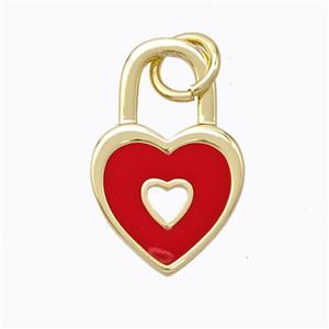 Copper Heart Lock Pendant Red Enamel Gold Plated, approx 12-19mm