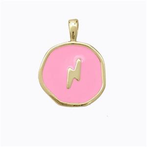 Copper Lightning Pendant Pink Enamel Circle Gold Plated, approx 13.5mm