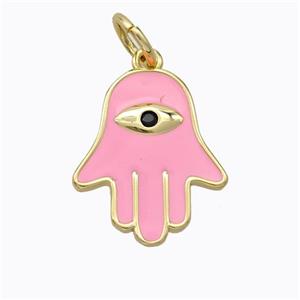 Copper Hamsahand Pendant Pink Enamel Eye Gold Plated, approx 14-17mm