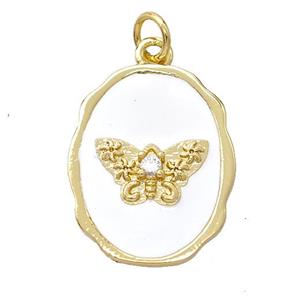 Copper Butterfly Pendant Pave Zirconia White Enamel Oval Gold Plated, approx 16-20mm