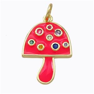 Copper Mushroom Pendant Micro Pave Zirconia Red Enamel Gold Plated, approx 16-20mm