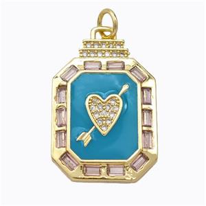 Cupid Arrow Heart Charms Copper Pendant Pave Zirconia Teal Enamel Rectangle Gold Plated, approx 16-23mm