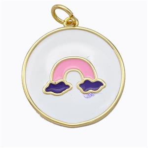 Copper Rainbow Pendant White Enamel Circle Gold Plated, approx 21mm