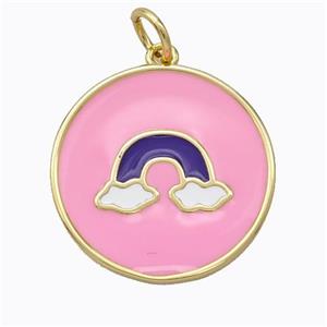 Copper Rainbow Pendant Pink Enamel Circle Gold Plated, approx 21mm