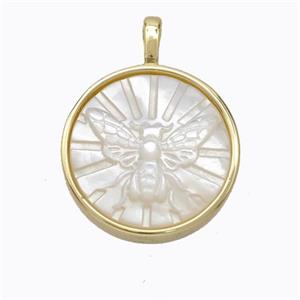 Copper Circle Pendant Pave Shell Butterfly Gold Plated, approx 17mm