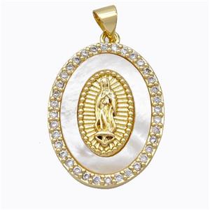 Jesus Charms Copper Oval Pendant Pave Shell Zirconia Gold Plated, approx 19-25mm