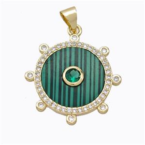 Copper Circle Pendant Pave Malachite Zirconia Gold Plated, approx 18mm