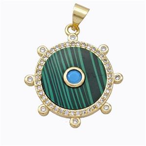 Copper Circle Pendant Pave Malachite Zirconia Gold Plated, approx 18mm