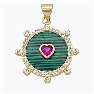 Copper Circle Pendant Pave Malachite Heart Zirconia Gold Plated, approx 18mm