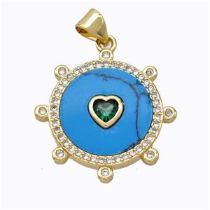 Copper Circle Pendant Pave Howlite Heart Zirconia Gold Plated, approx 18mm