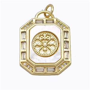 Copper Octagon Pendant Pave Shell Zirconia Compass Gold Plated, approx 17-20mm